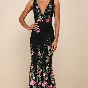 Soiree Blossom Black Floral Embroidered Mermaid Maxi Dress